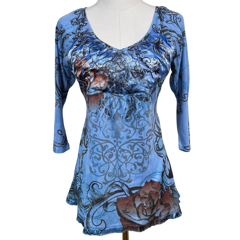 Vintage Unity World Wear Tunic Top Womens‎ PM Blue Rose Y2K Graphic Tattoo